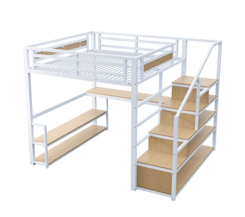 Lit Mezzanine 140x200 Métal Avec échelle De Rangement Et Tables, Structure Robuste, Blanc