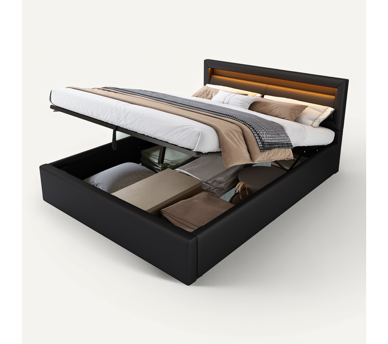 Lit Rembourré 140x190 Simili Cuir Avec Sommier à Lattes Et Rangement, Tête De Lit LED, Noir