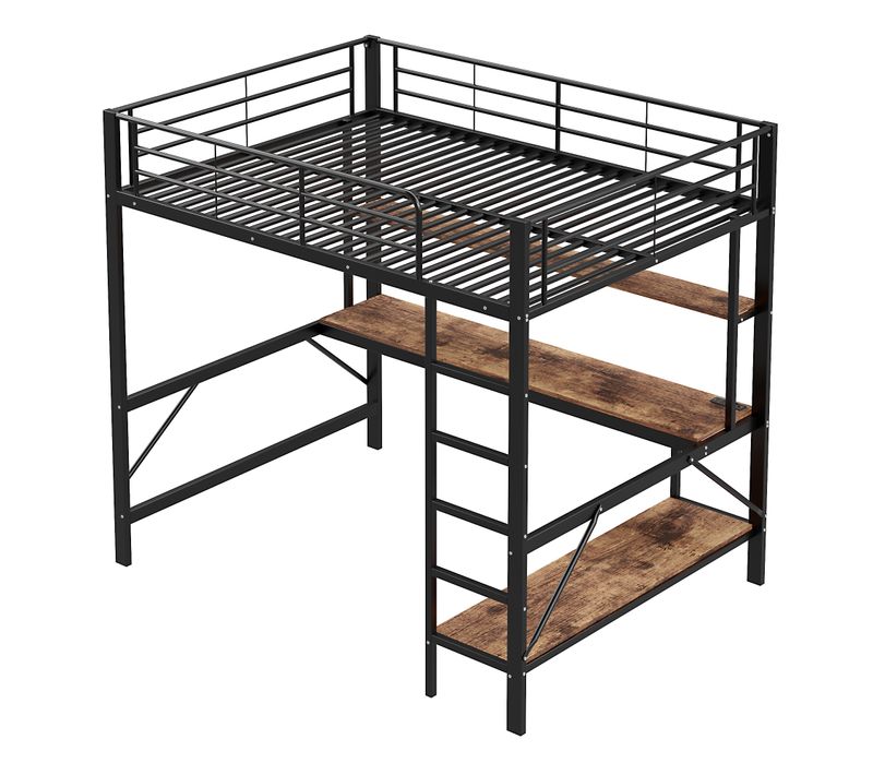 Lit Surélevé Métal Avec Échelle Et Garde-corps, Bureau, Étagère à Plusieurs Niveaux, Noir