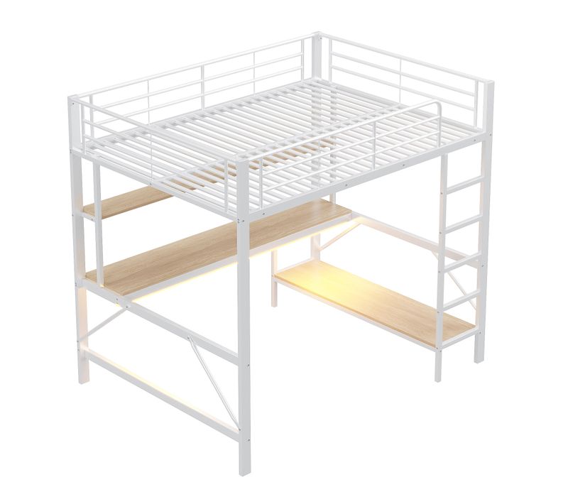 Lits Surélevés Métal Avec Échelle, Lampe LED, Bureau Et Étagères, Blanc