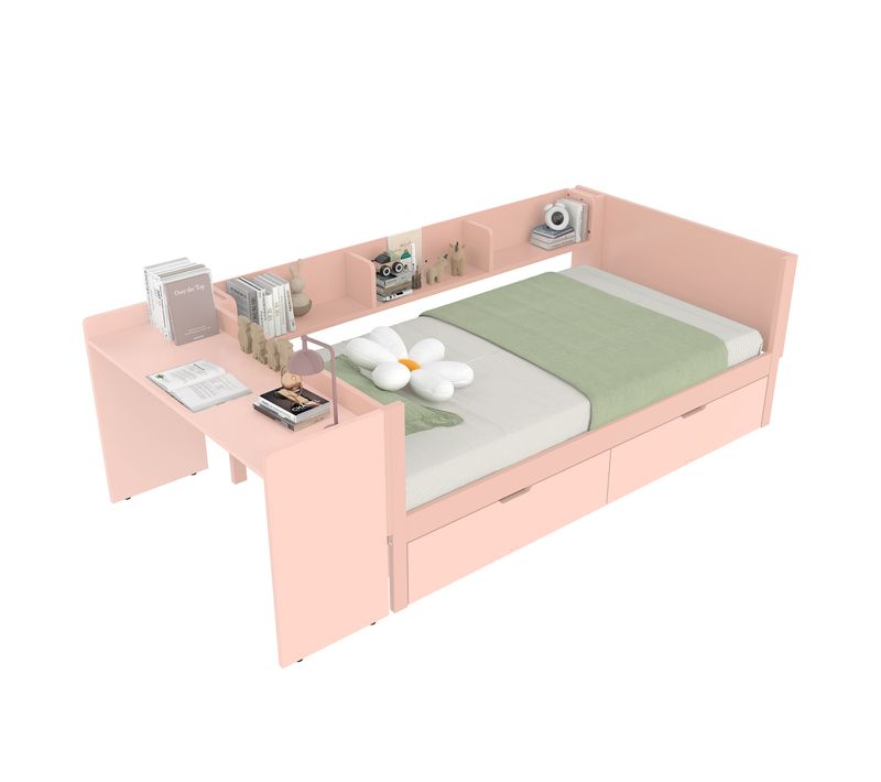 Lit Une Personne En Bois, Pin Et Panneau De Particules 200x90, Avec Bureau Et 2 Tiroirs, Rose
