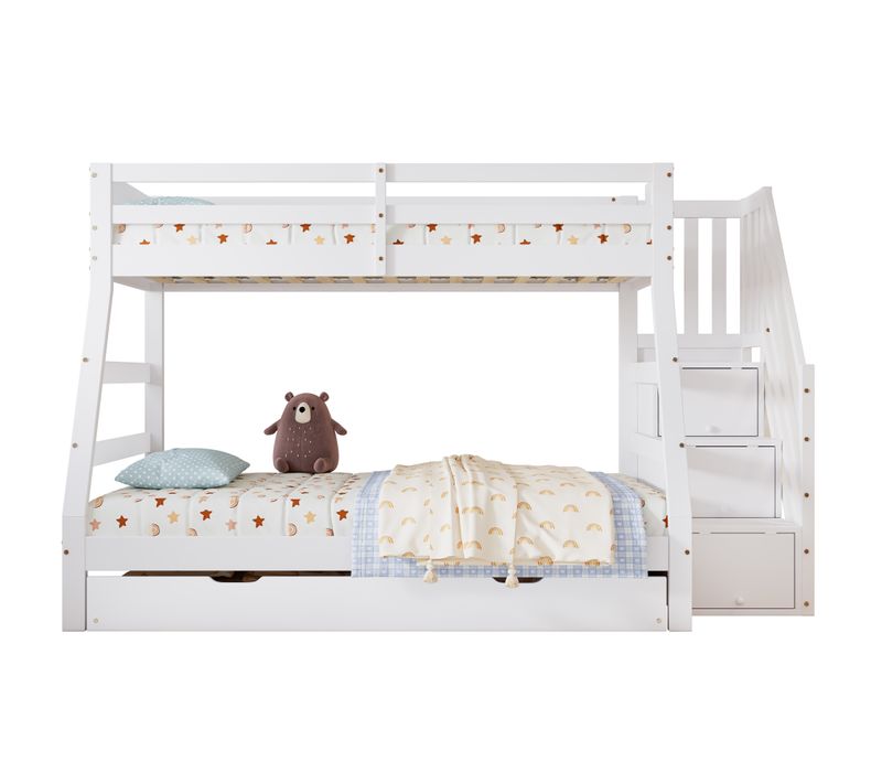 Lits Superposés Avec Lit Gigogne, Pin Et Mdf, Avec Échelle, Garde-corps Et Protection, 90x190 cm