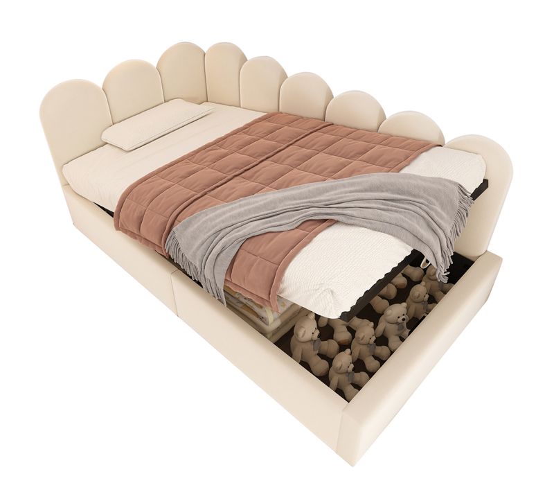 Lit enfant En Velours, Avec Rangement Hydraulique, 90x190 En Métal, Beige