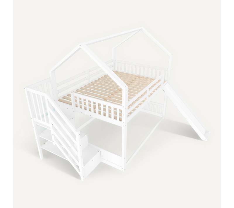 Lit Superposé En Bois Avec échelle De Rangement Et Toboggan, Sans Matelas, Blanc