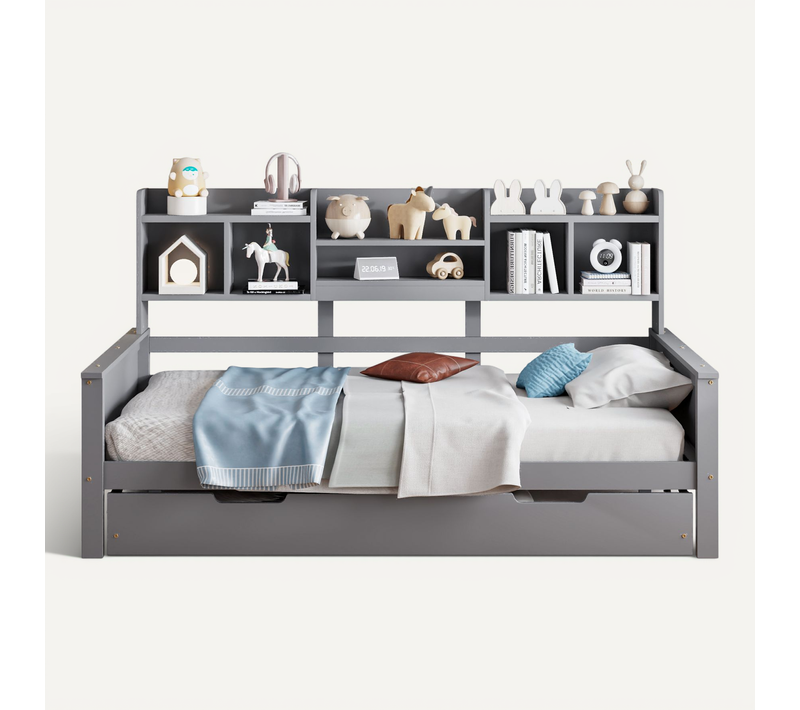 Canapé-lit Convertible 90x200cm En Bois Massif, Lit Extensible 90x190cm Avec Rangements Et Sommier