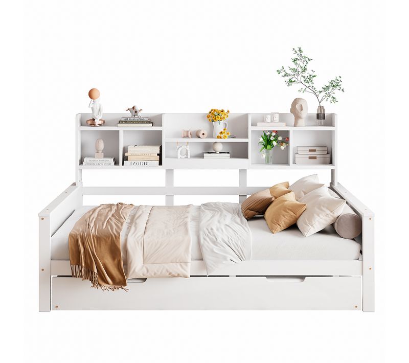 Canapé-lit Extensible 140*200cm En Bois Massif, Lit D'appoint 90*190cm Avec Rangement Et Sommier