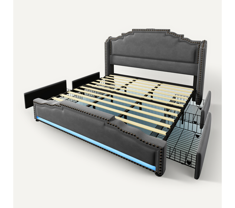 Lit Double En Velours Avec 4 Tiroirs, Éclairage LED 180x200, Gris