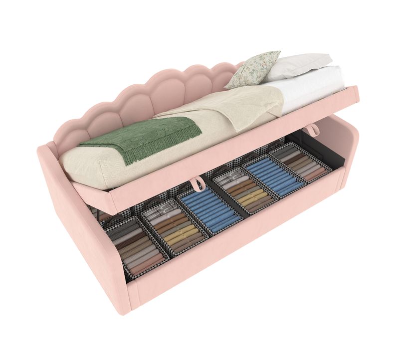 Lit D'appoint, Velours, Lit Hydraulique Avec Rangement, 90x200cm, Rose