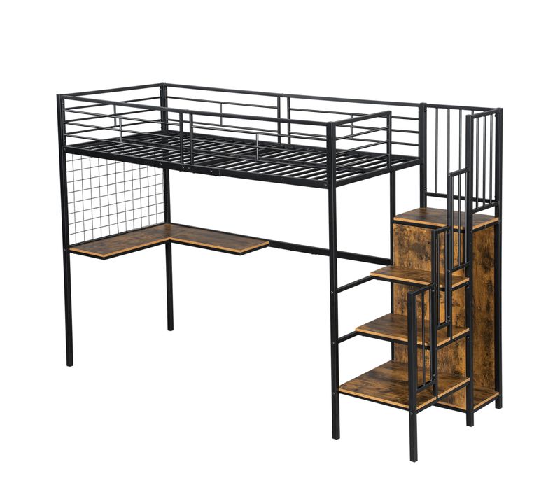 Lit Mezzanine, Métal Et Aggloméré, Avec Bureau Et Armoire, échelle Latérale, 90x200cm