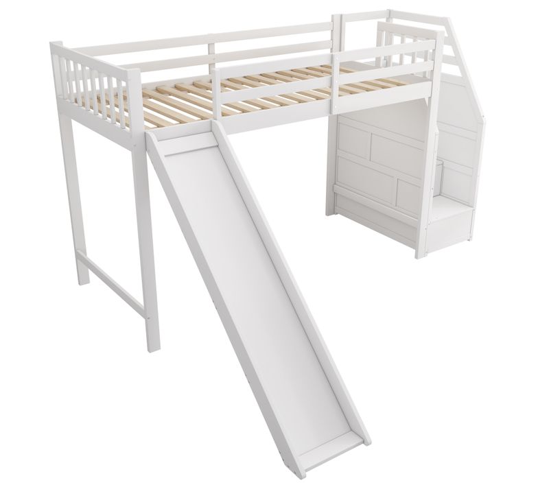 Lit Mezzanine En Bois Avec Toboggan Et Échelle De Rangement, Certifié En747, Blanc, 90 X 200cm