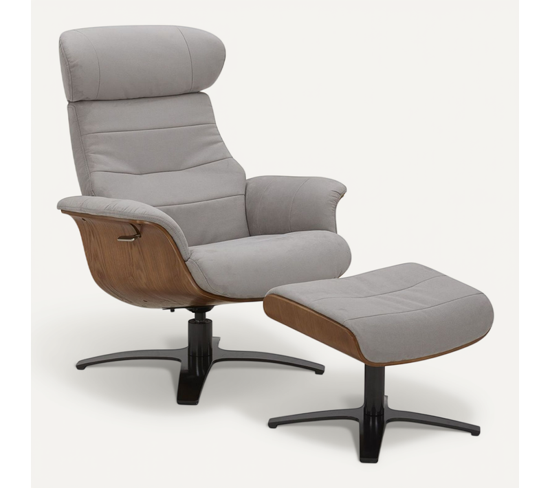 Fauteuil Et Pouf Relax Manuel - Tissu Et Chêne Naturel - Vega - Microfibre Gris