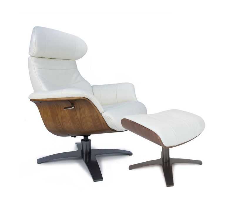 Fauteuil Et Pouf Relax Manuel - Cuir Et Chêne Naturel - Vega - Cuir Blanc