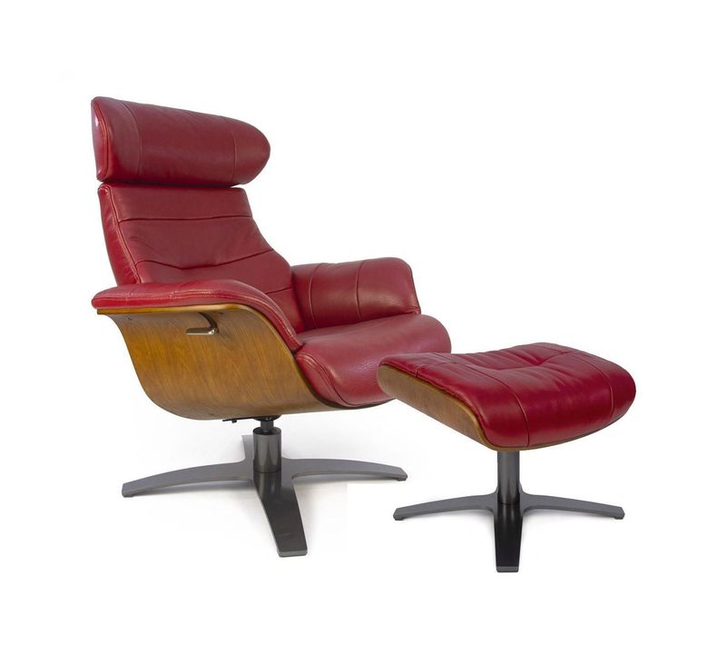 Fauteuil Et Pouf Relax Manuel - Cuir Et Chêne Naturel - Vega - Cuir Rouge