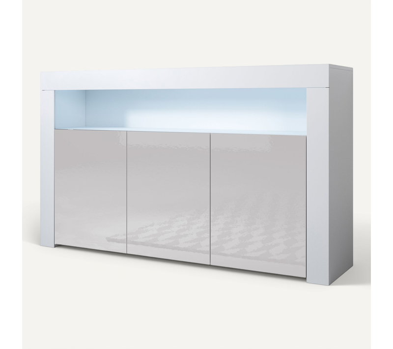 Bahut Buffet Pour Salon Salle à Manger En Blanc Et Gris Avec LED 155x37x91,5cm Aker