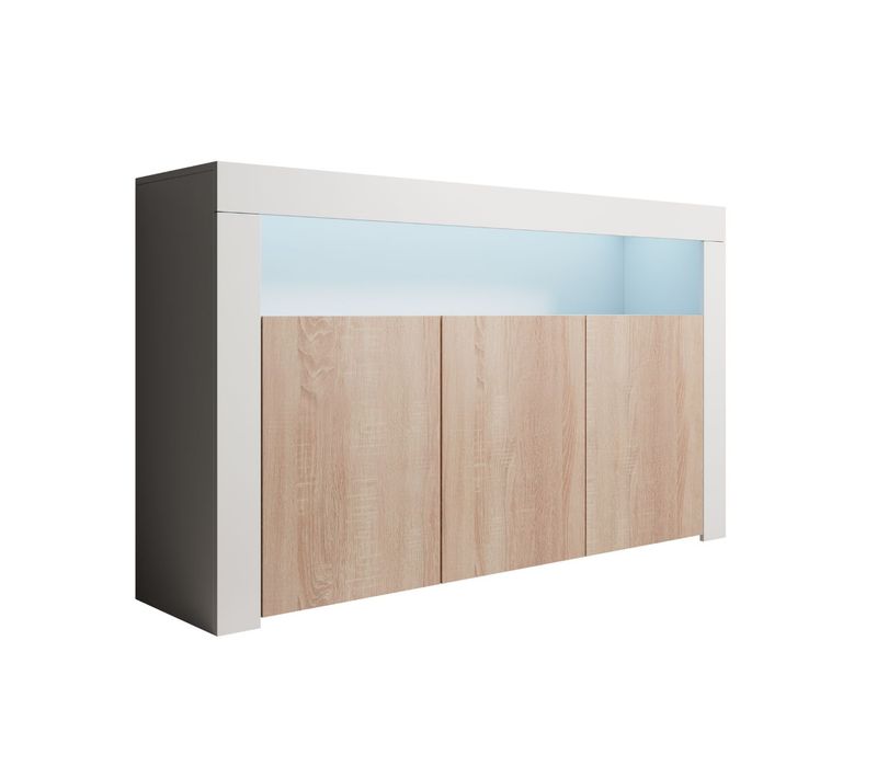 Bahut Buffet Pour Salon Salle à Manger En Blanc Et Sonoma Avec LED 155x37x91,5cm Aker