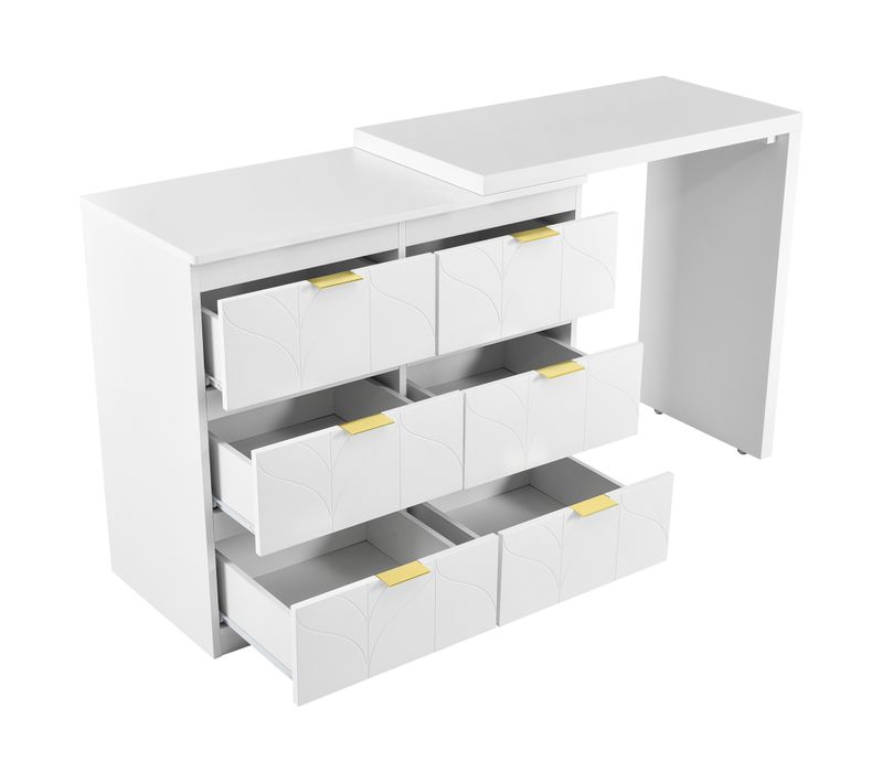Coiffeuse Avec Table D’appoint, 6 Tiroirs, Ornés De Poignées, Plateau Rotatif 180°, 40t*73h, Blanc