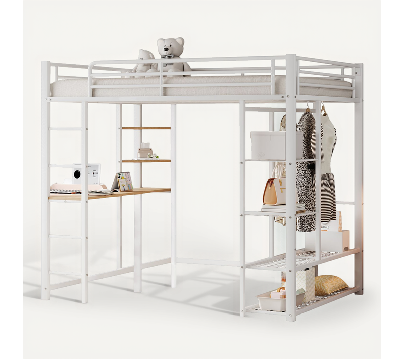 Lit Mezzanine Métallique 140 X 200 Cm Avec Bureau Et Penderie, Blanc