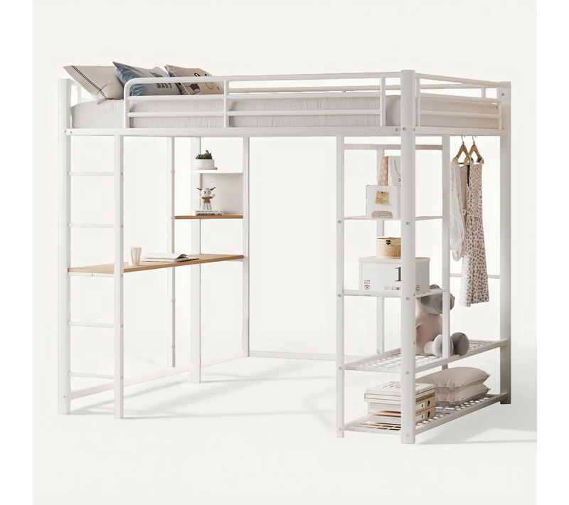 Lit Mezzanine Avec Échelle 90 X 200, Avec Bureau Et Étagères, Blanc