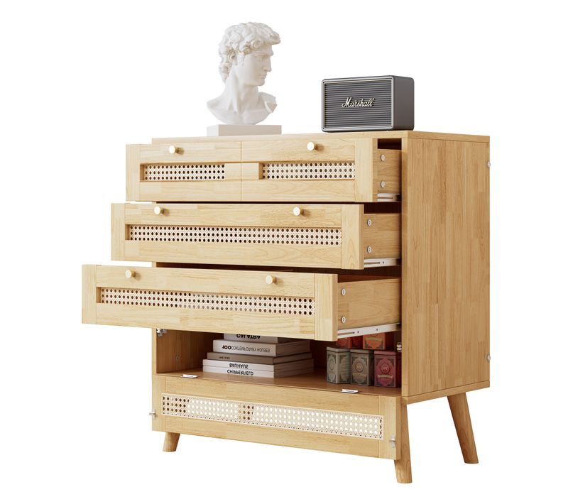 Commode Classique Avec 3 Tiroirs, Plateau En Rattan, Couvercle à Rabat, Bois, Panneaux