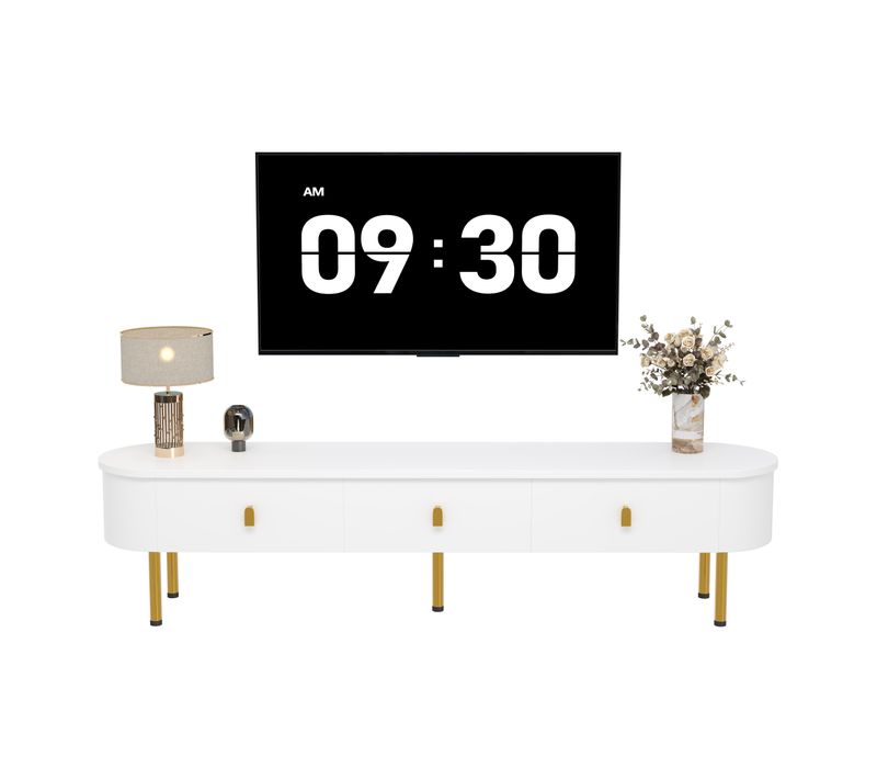 Meuble TV, Avec Tiroirs, Poignées Dorées Et Pieds, Coins Arrondis, Blanc