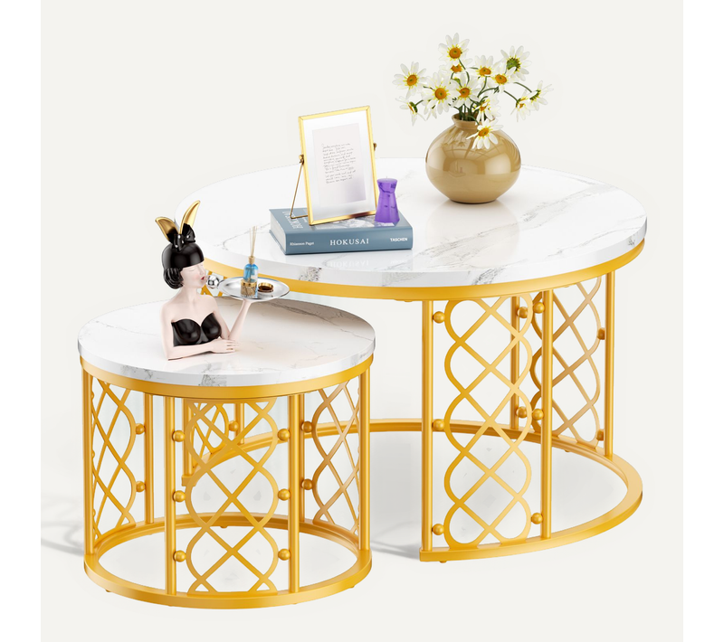 Lot De 2 Tables De Salon, Motif Marbre, Cadre En Métal, Couleur Blanc Et Doré