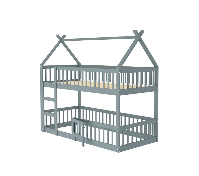 Lit Superposé Enfant En Bois Massif Gris, Design Loft Avec Escalier, 90x200 Cm