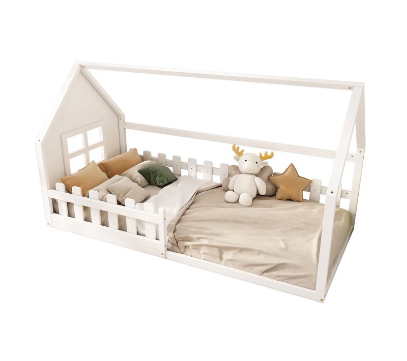 Lit Cabane Au Sol 90x200cm, Lit Plat Enfant Avec Cadre Maison, Bois Massif, Blanc