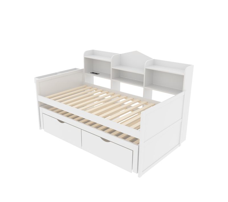 Lit Gigogne 90x200 Cm + 90x190 Cm, 2 Tiroirs, Grand Rangement Prise USB, Blanc