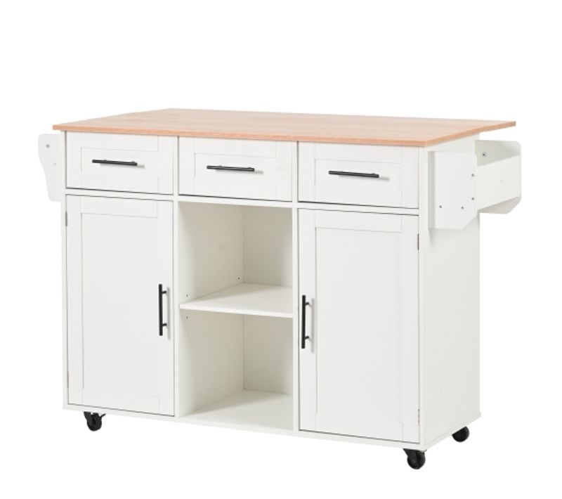 Desserte De 139x46(71)x91,5 Cm Avec Plan Rabattable, Tiroirs, Roulettes, Et Grands Rangements, Blanc