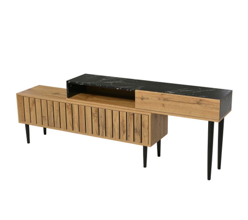 Meuble TV Moderne - Design En Marbre Et Bois - Pvc Et Métal - Couleur Bois Foncé