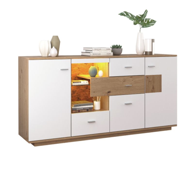 Commode Moderne Avec Éclairage LED, Armoire De Rangement, 160x40x77 Cm, Bois Et Blanc