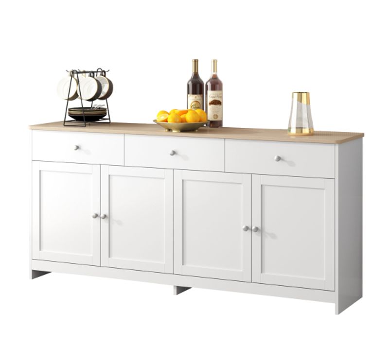 Buffet Avec Finition Bois Blanc, Quatre Portes Et Trois Tiroirs, Blanc Et Bois, H75/l160/p37 Cm