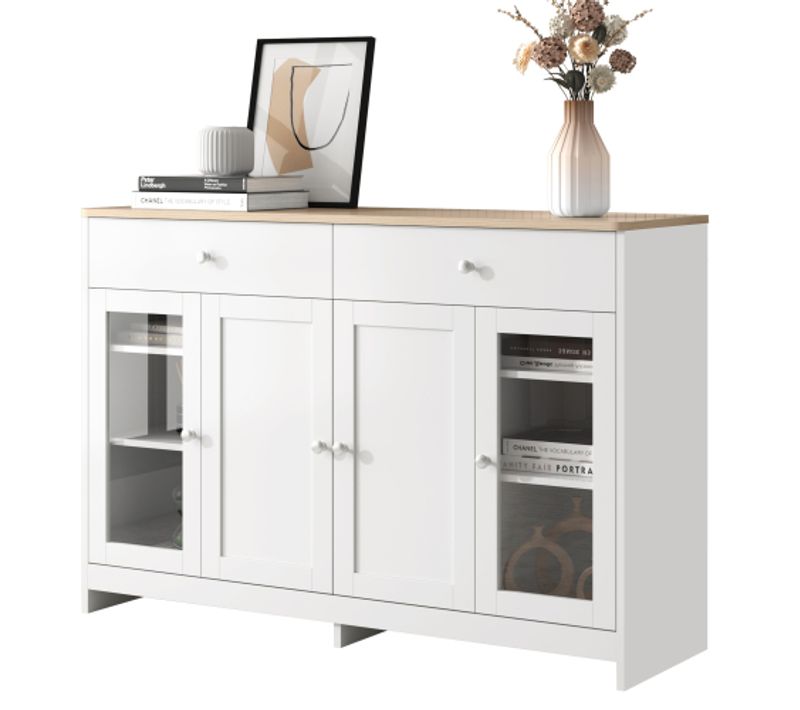 Buffet Avec Finition Bois Blanc, Quatre Portes Et Deux Tiroirs, Blanc Et Bois, H80/l120/p37 Cm
