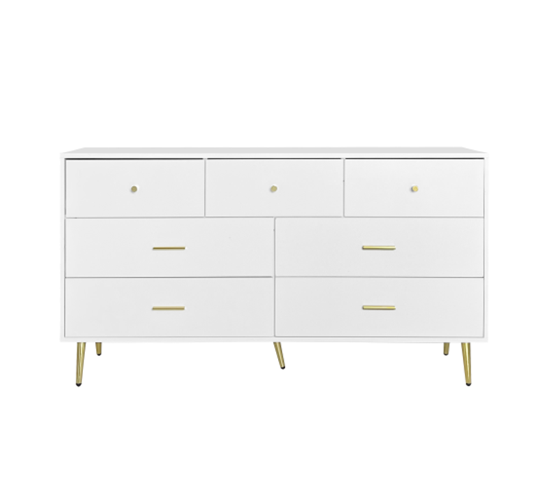 Commode Avec 7 Tiroirs, Blanc Avec Poignées Et Pieds Dorés, 140x35x76 Cm