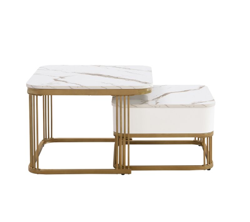Table Basse Empilable En Marbre Avec Accents Dorés, – 60 X 60 X 45 Cm Et 50 X 50 X 34 Cm