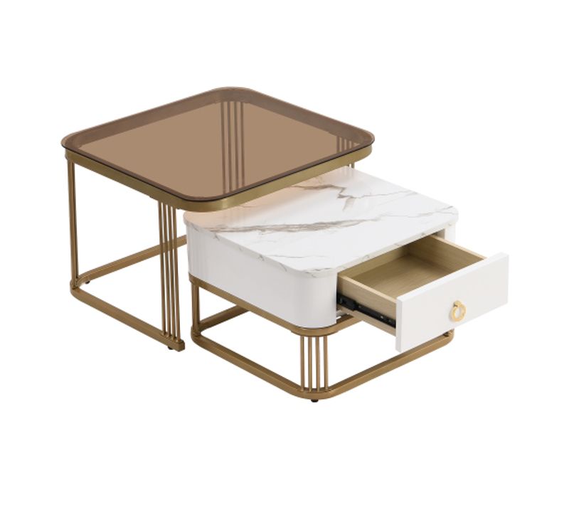 Table Basse Empilable : Marmor Et Verre Brun Thé Hautement Brillant, Accents Dorés, Avec Tiroirs