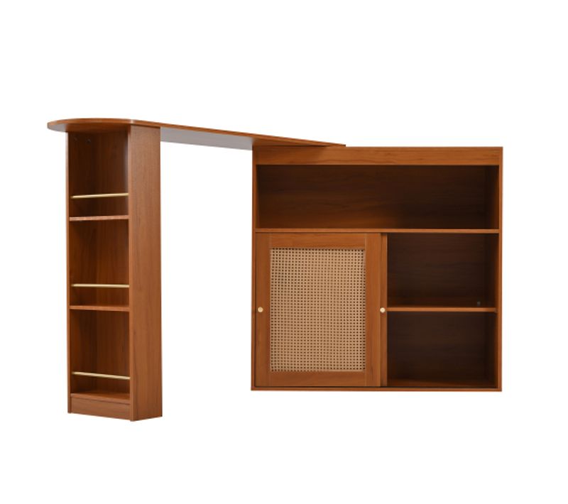 Table Haute Extensible Avec Rangement, Mdf Et Rotin, L138-193×p39×h104 Cm, Pour Cuisine Ou Bar