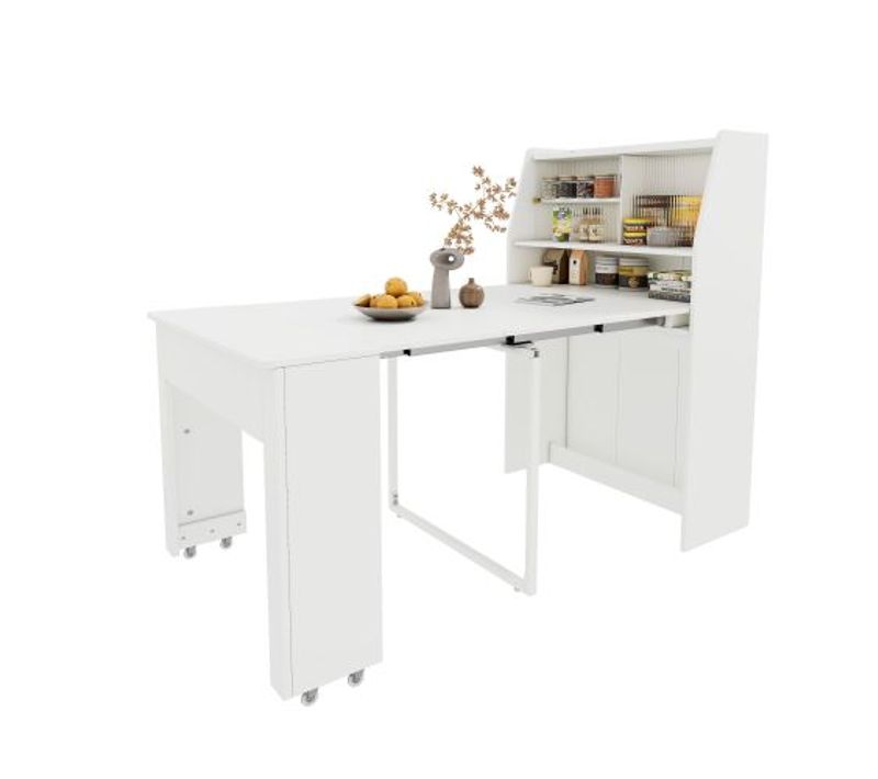 Table à Manger Extensible, Mdf Blanc, L52/132,5×p80×h76 Cm, Avec Rangement, Table Multifonctionnelle