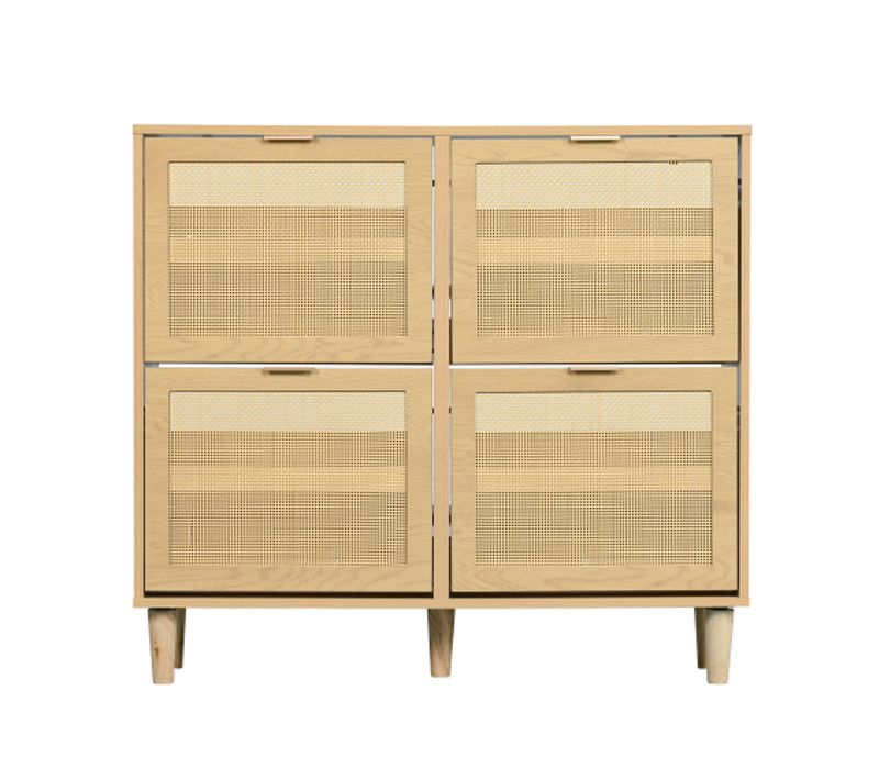 Meuble à Chaussures Avec 4 Tiroirs Abattants, Rattan Et Poignées Métalliques