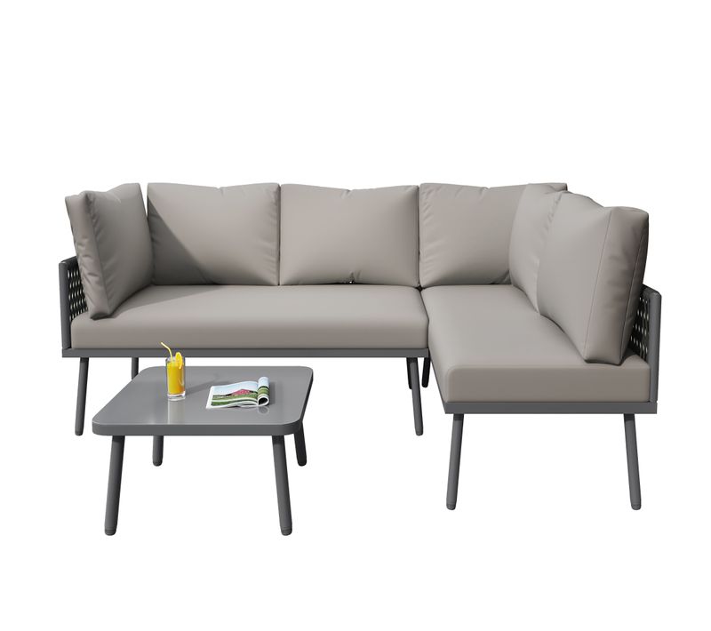 Ensemble Salon De Jardin En Fer + Corde Grise, Forme L, 2 Canapés + Table