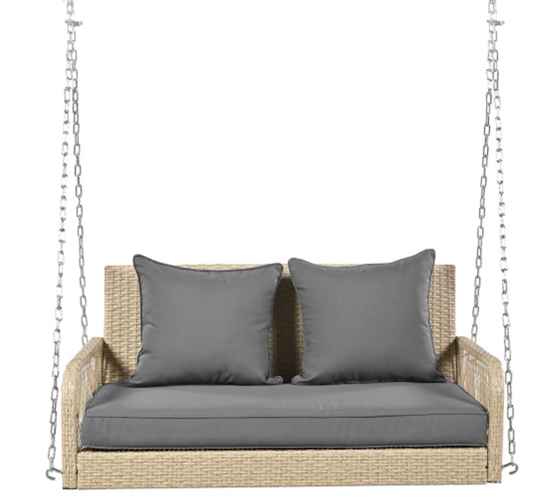 Balancelle De Jardin En Rattan Beige, Coussins Gris, 2 Places