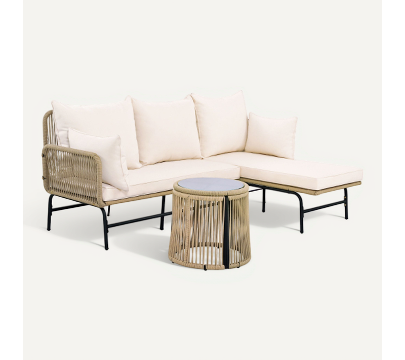 Salon De Jardin, Ensemble De Meubles De Jardin En Corde Tressée, Cadre En Fer, Beige