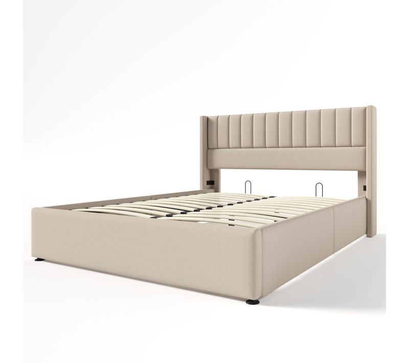 Lit Double 160x200 Cm, Avec Rangement Hydraulique, Sommier En Bois, Cadre Métal, Lin Beige.