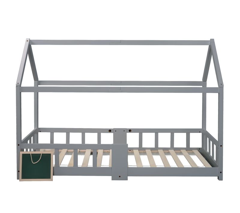 Lit Enfant Cabane 90 X 200 Cm, Cadre De Lit En Bois, Sommier à Lattes - Gris