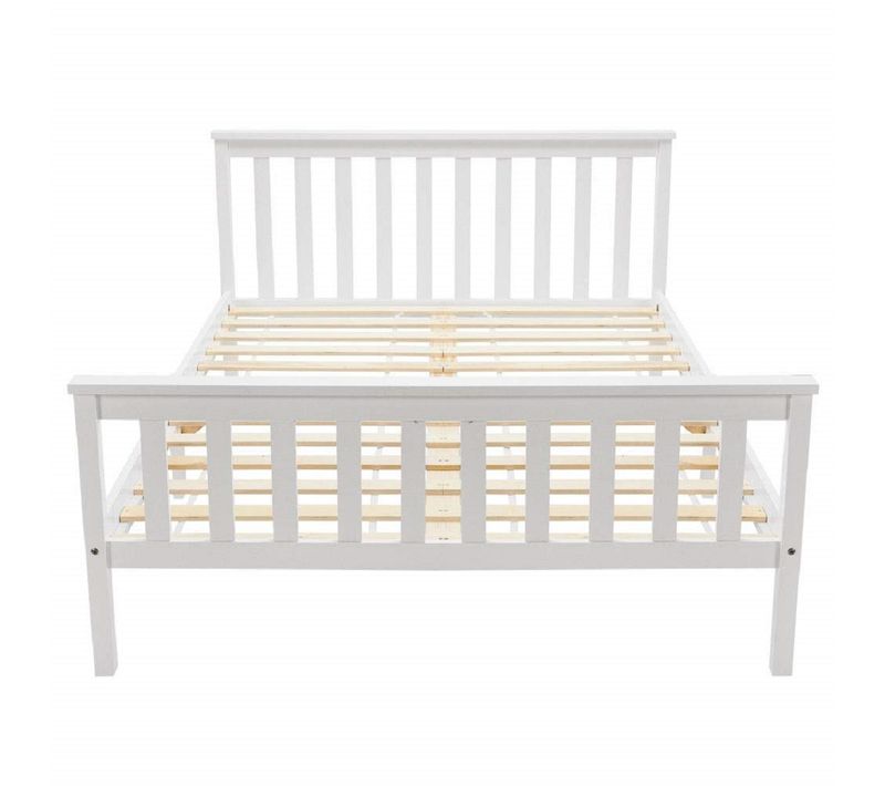 Lit Double En Bois Massif 140 X 200 Cm Avec Sommier à Lattes - Blanc