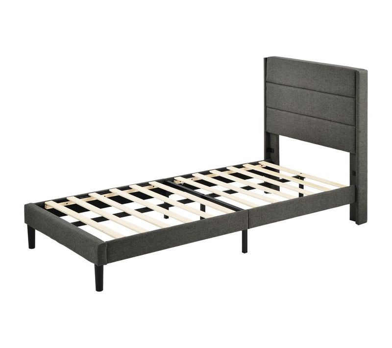 Lit Double 90 X 200 Cm - Sommier à Lattes Et Tête De Lit - Gris Foncé