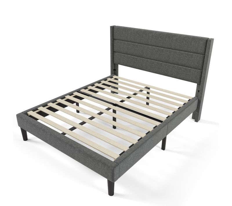 Cadre De Lit Double Adulte, Lit Rembourré 140 X 200 Cm, Tissu En Lin Gris Foncé, Design Moderne