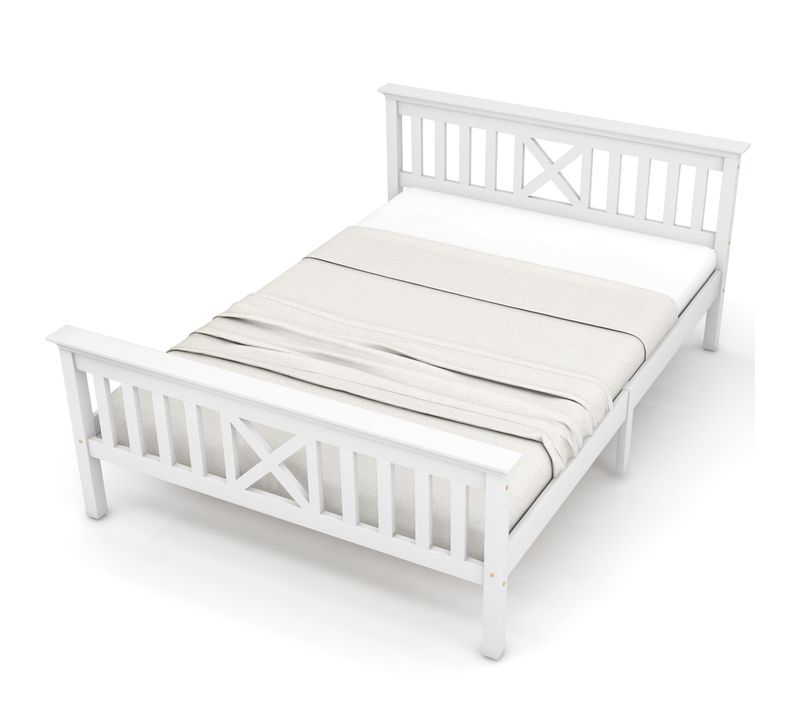 Lit Double En Bois Massif 140 X 200 Cm, En Sommier à Lattes, Blanc