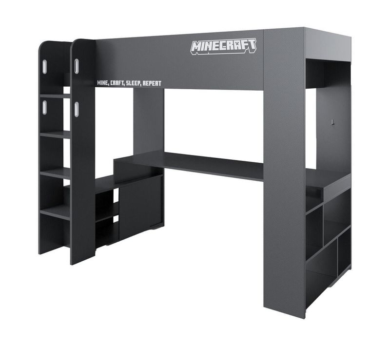 Lit Mezzanine Avec Bureau Et Éclairage LED - Lit Gamer Noir Minecraft