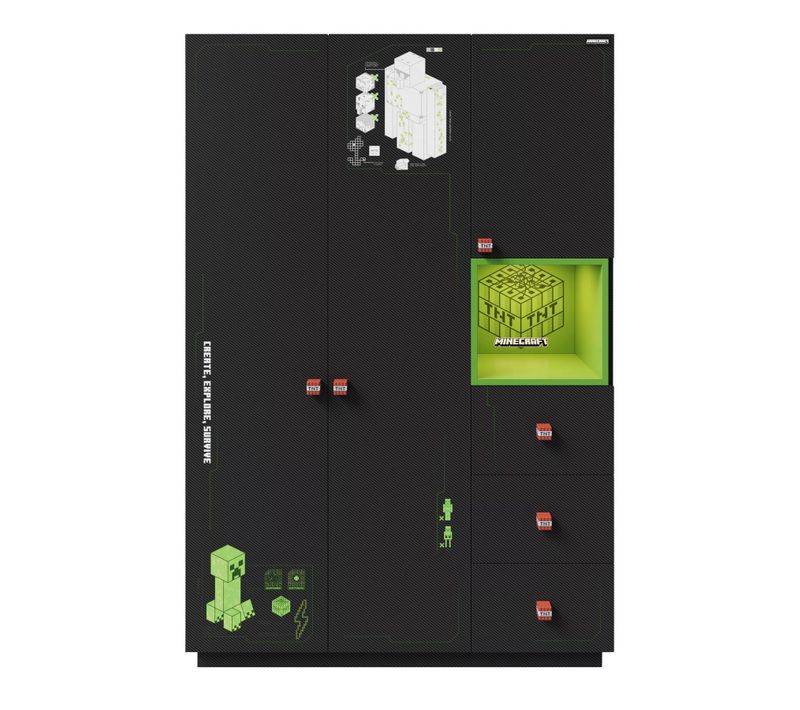 Armoire 3 Portes Et 3 Tiroirs - Niche Avec Éclairage LED - Noir Minecraft
